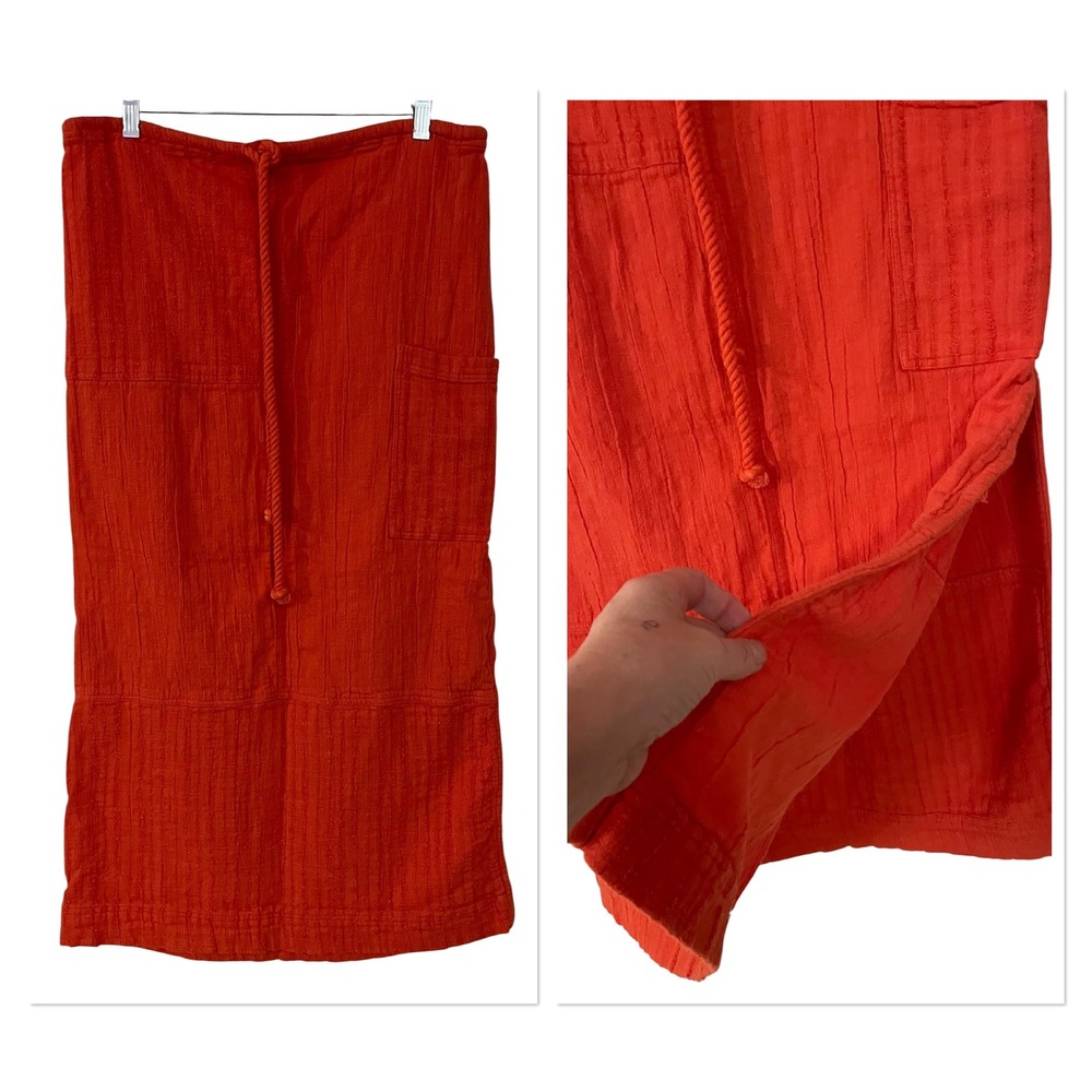 Free People‎ Orange Cotton Midi Skirt Pull On Patch Pockets Beach Boho Cottage M